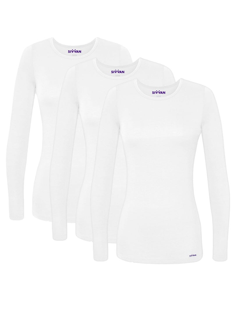 Sivvan Scrubs for Women - Long Sleeve Comfort Underscrub Tee 3-Pack - S85003 - White - L - Image 1